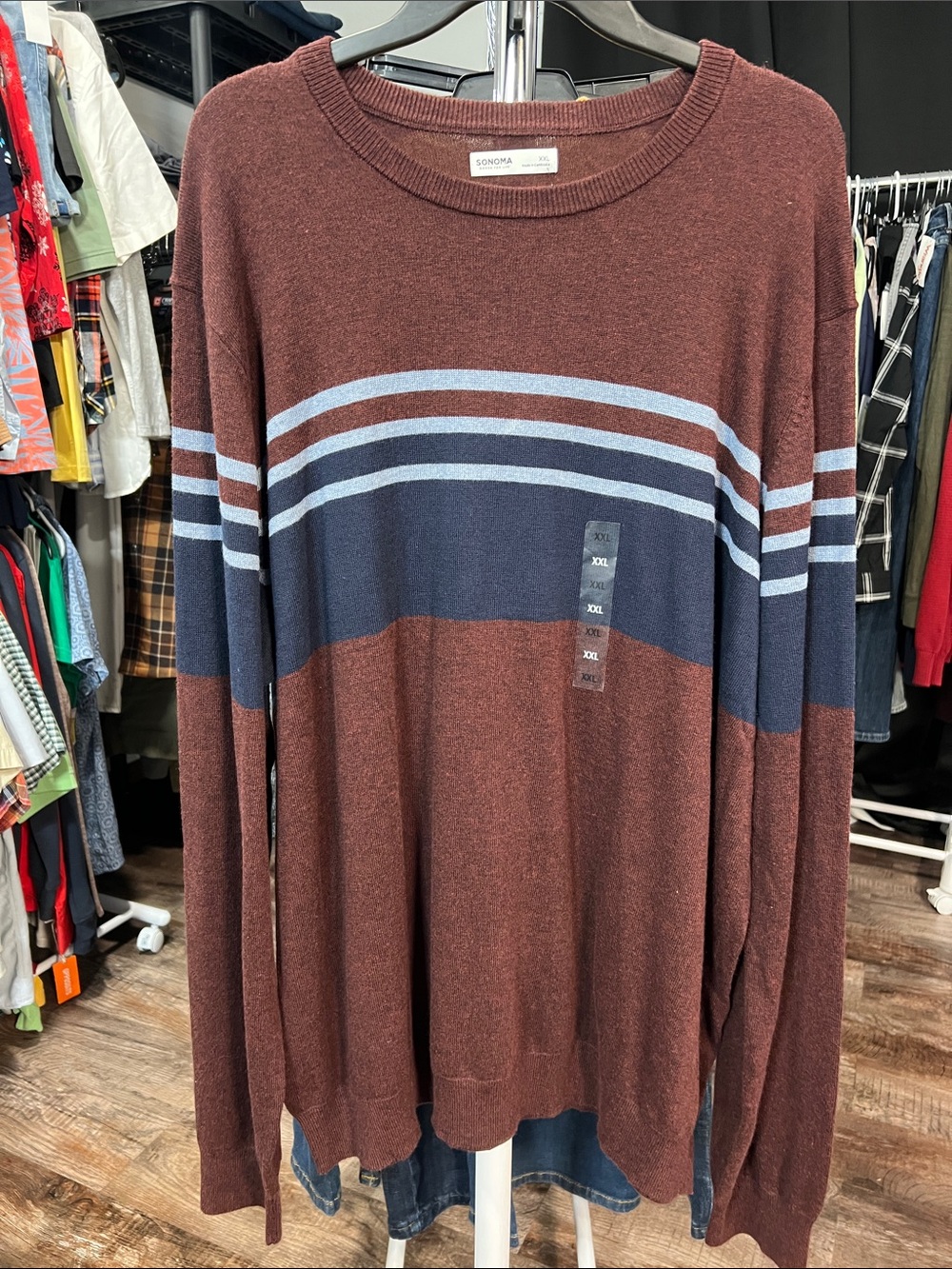 Sonoma Maroon Sweater with Navy & Light Blue Stripes